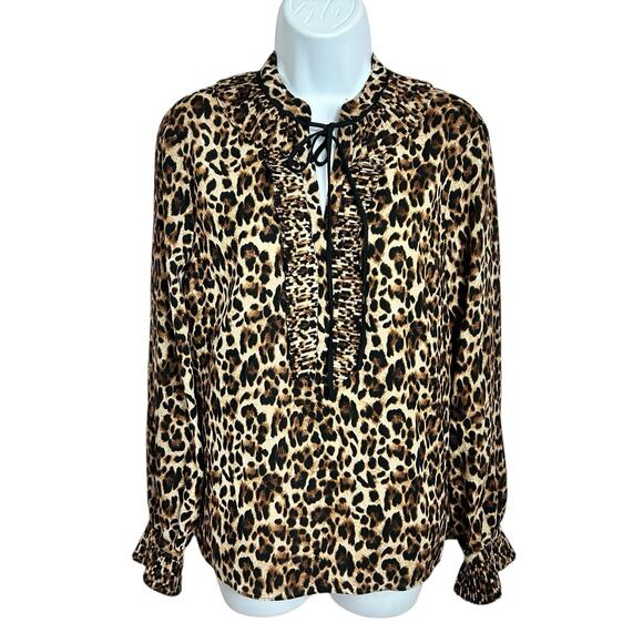 IMNYC Isaac Mizrahi Animal Print Blouse Sz S V-Neck Long-Sleeve Pleated Collar - Picture 7 of 8